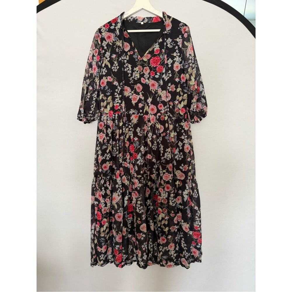 Black Floral Midi Dress Women Size Small Sheer Overlay Boho Cottagecore Tie Neck